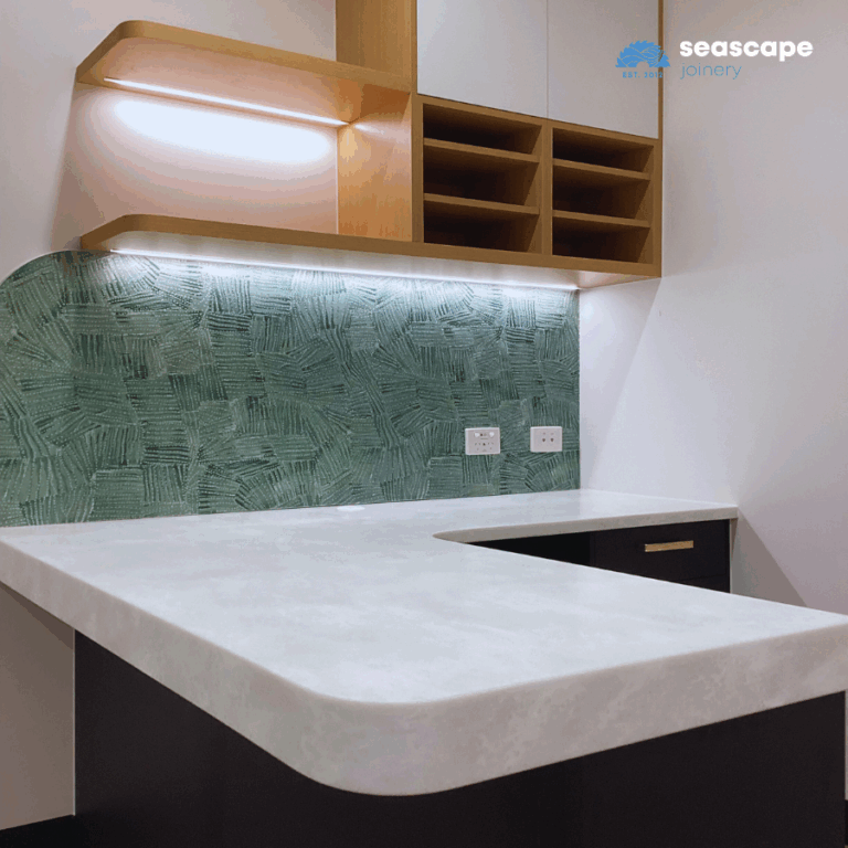 Consult room with LED and green textured splashback